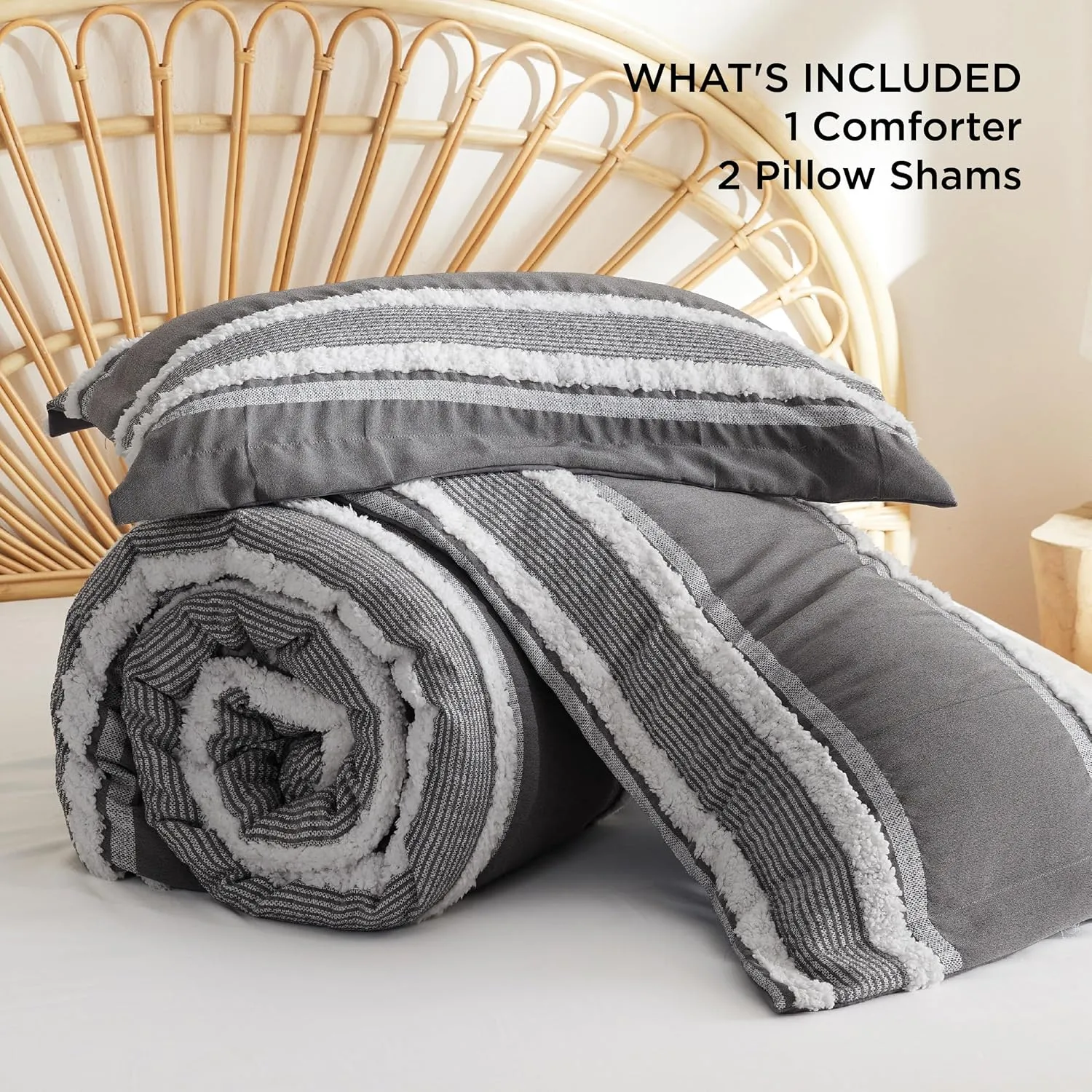 Bedsure Boho Comforter Set King - Dark Grey Jacquard Bedding King Size, 3 Pieces Farmhouse Shabby Chic Embroidery Bed Set, Soft Fluffy Tufted Striped Comforter for All Seasons