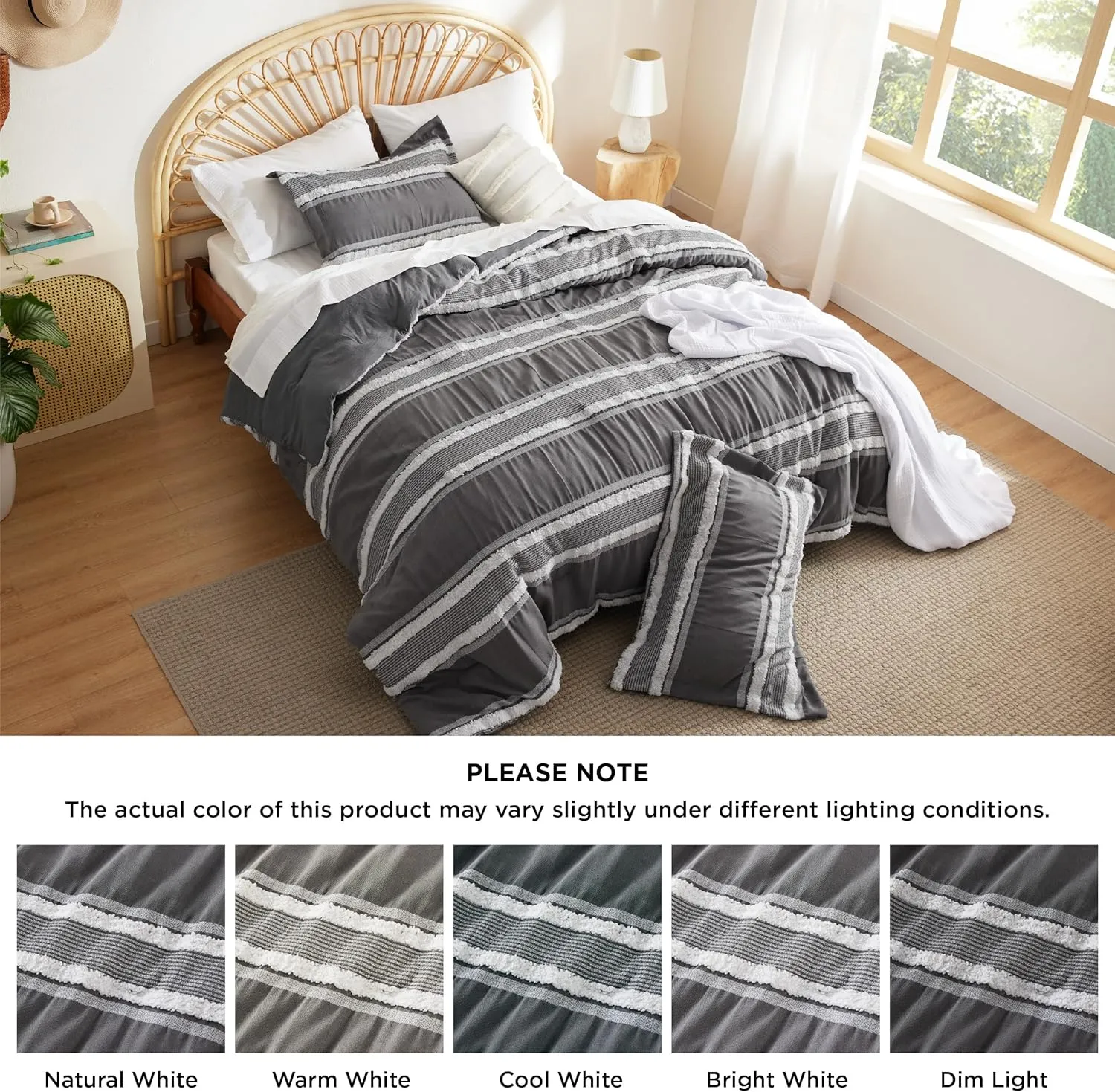 Bedsure Boho Comforter Set King - Dark Grey Jacquard Bedding King Size, 3 Pieces Farmhouse Shabby Chic Embroidery Bed Set, Soft Fluffy Tufted Striped Comforter for All Seasons