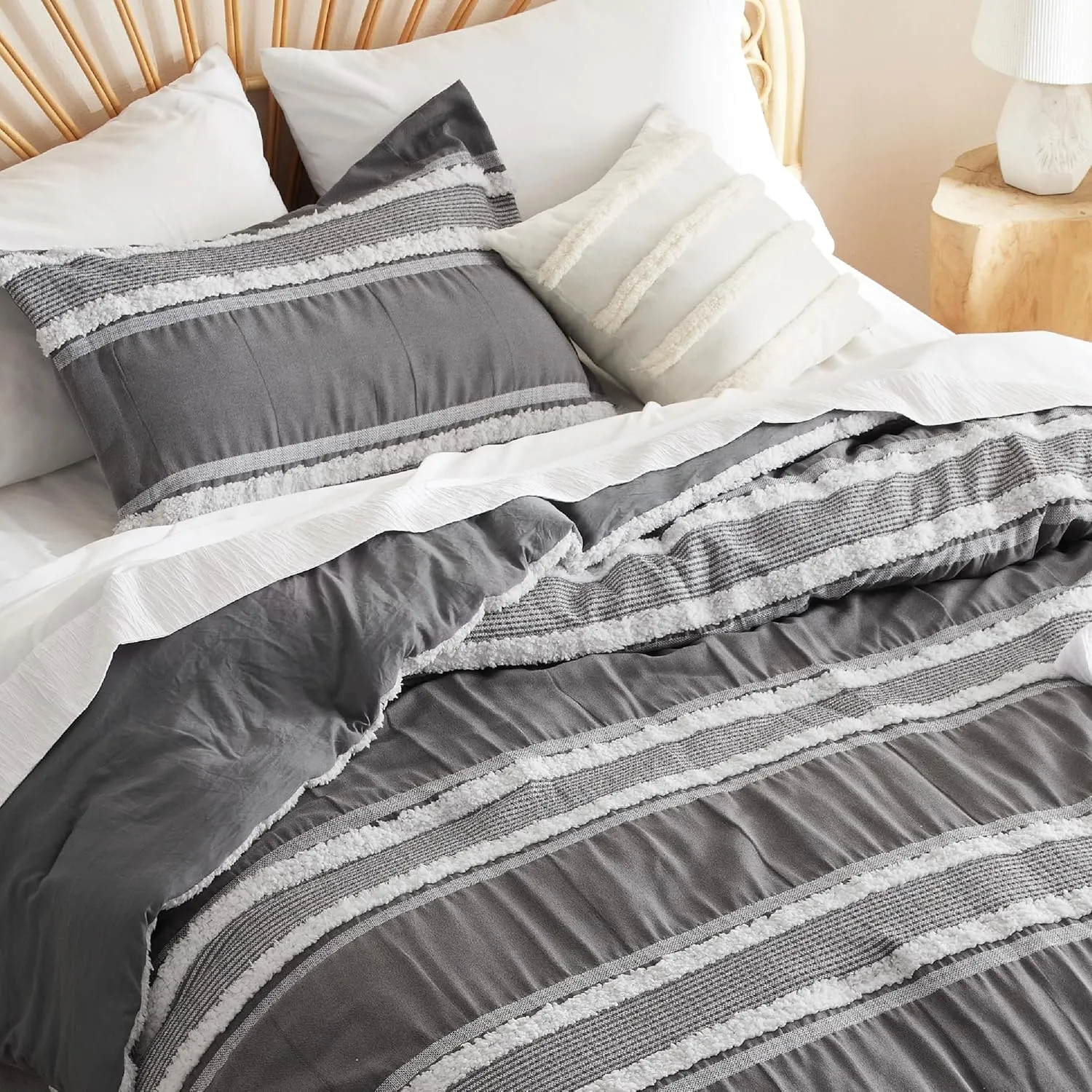 Bedsure Boho Comforter Set King - Dark Grey Jacquard Bedding King Size, 3 Pieces Farmhouse Shabby Chic Embroidery Bed Set, Soft Fluffy Tufted Striped Comforter for All Seasons