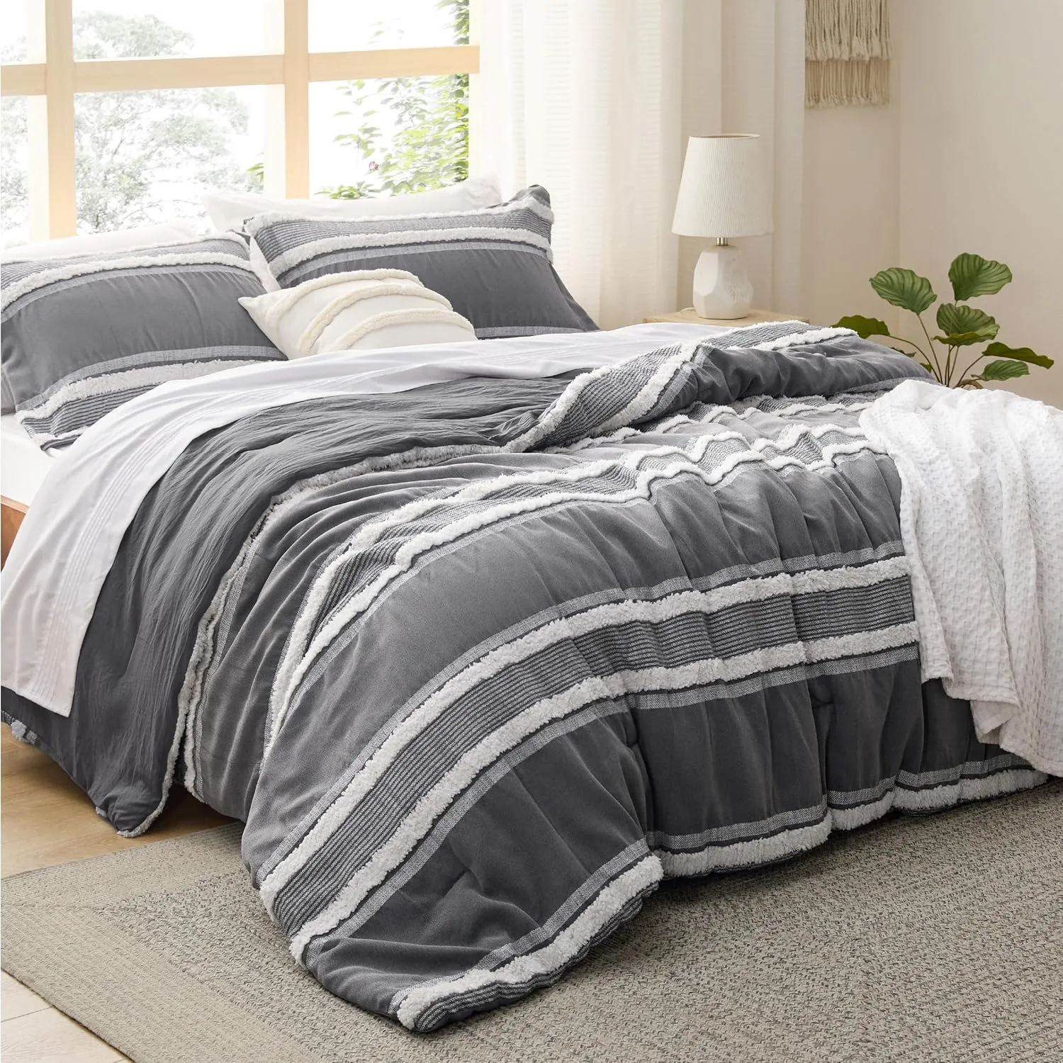 Bedsure Boho Comforter Set King - Dark Grey Jacquard Bedding King Size, 3 Pieces Farmhouse Shabby Chic Embroidery Bed Set, Soft Fluffy Tufted Striped Comforter for All Seasons