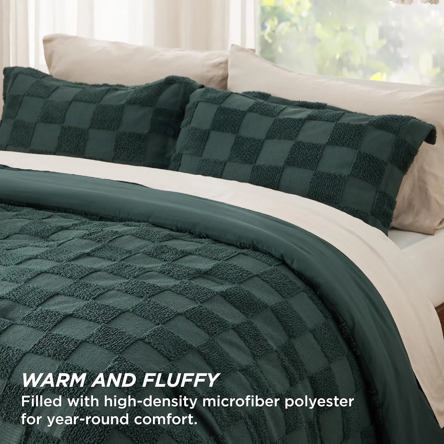 Bedsure Queen Size Comforter Set Emerald, Boho Tufted Bed Set, Checkered Farmhouse Shabby Chic Bedding, 3 Pieces, 1 Plaid Geometric Comforter and 2 Pillow Shams