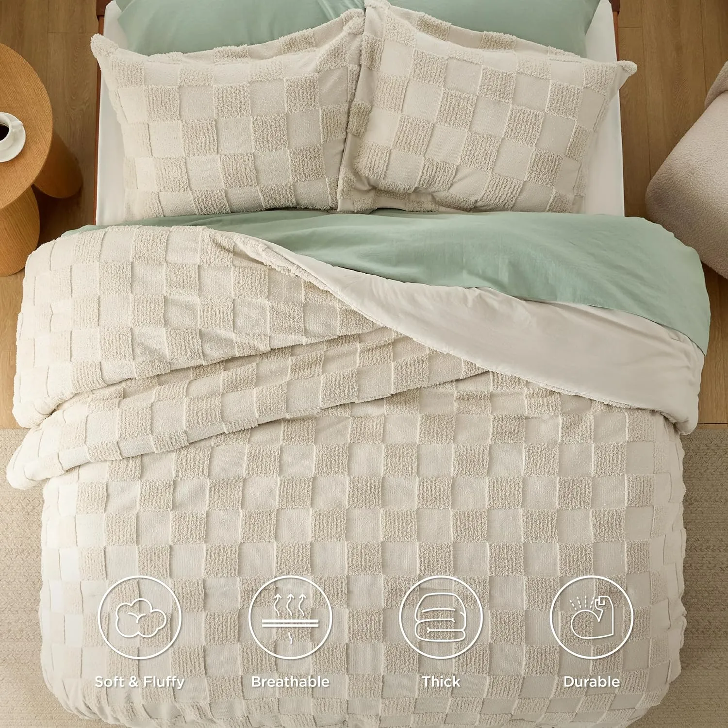 Bedsure Queen Size Comforter Set Emerald, Boho Tufted Bed Set, Checkered Farmhouse Shabby Chic Bedding, 3 Pieces, 1 Plaid Geometric Comforter and 2 Pillow Shams