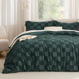 Bedsure Queen Size Comforter Set Emerald, Boho Tufted Bed Set, Checkered Farmhouse Shabby Chic Bedding, 3 Pieces, 1 Plaid Geometric Comforter and 2 Pillow Shams