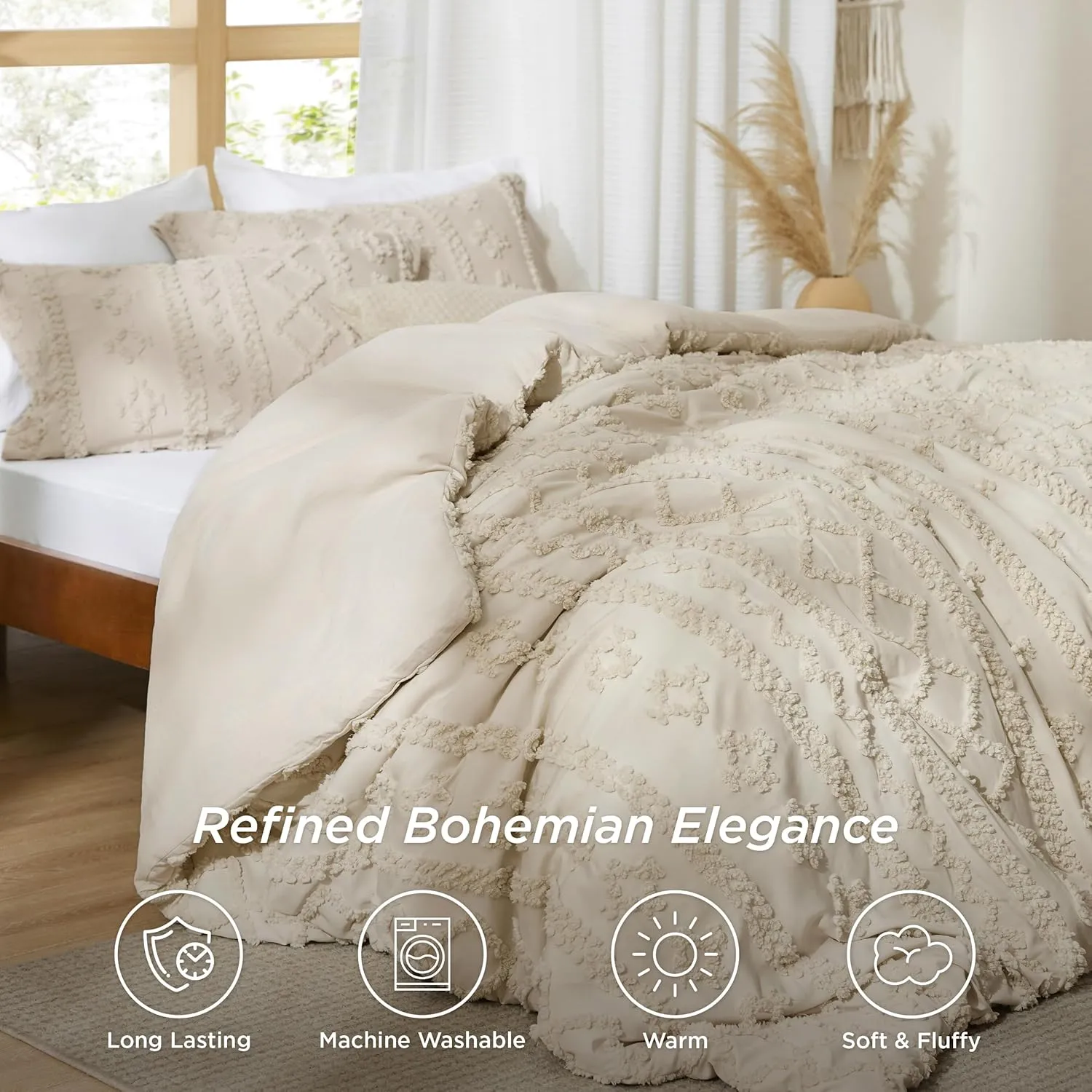 Bedsure Tufted Boho Comforter Set California King Size - Beige Boho Bed Set, GentleSoft™ 3 Pieces Farmhouse Shabby Chic Embroidery Bedding, Gifts for Woman, Soft Jacquard Comforter for All Seasons