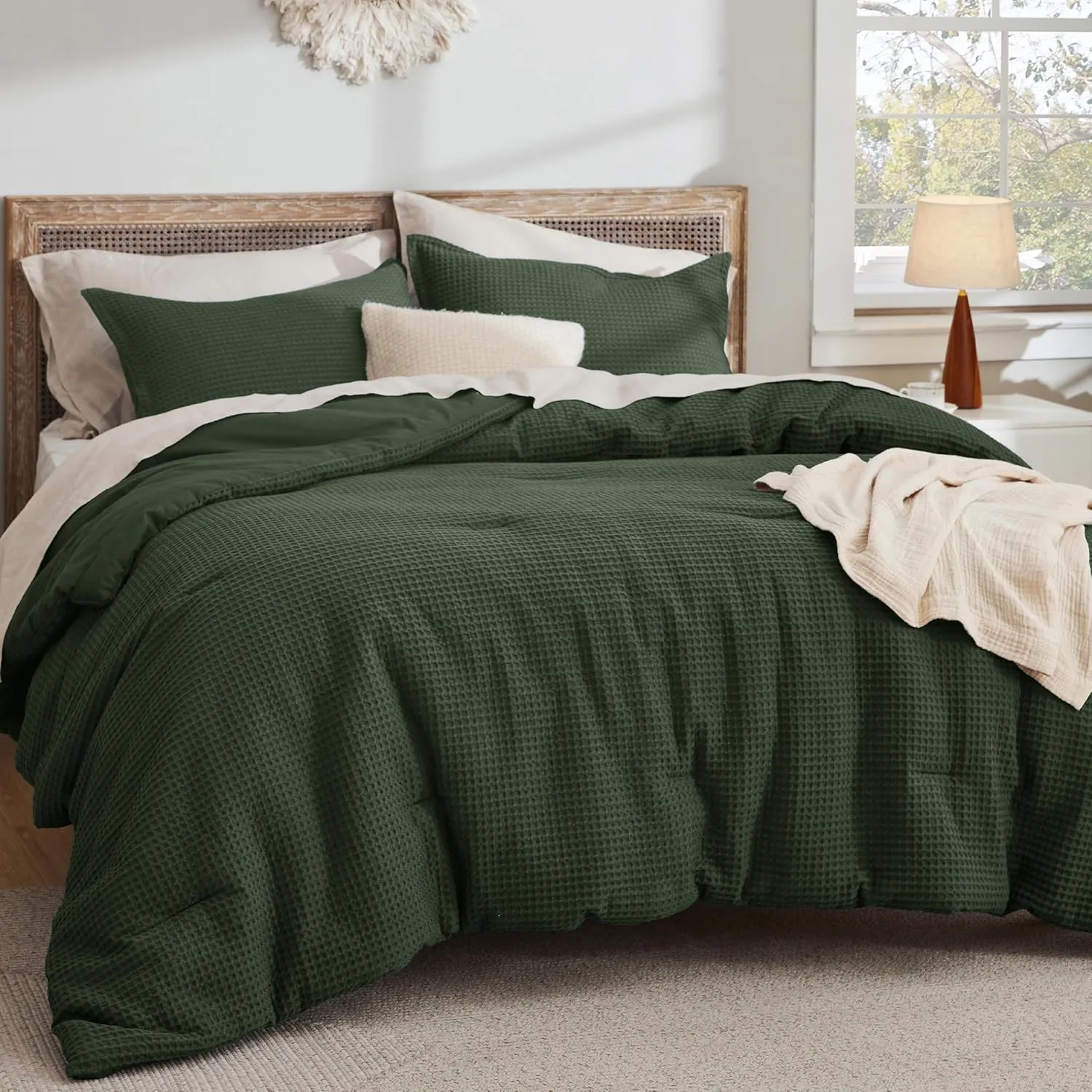 Bedsure Waffle Comforter Set Queen, Olive Green Soft Cotton Bedding, Waffle Weave Bed Set, 3 Pieces, 1 Comforter (90"x90") and 2 Pillow Shams, Premium Cotton Cover with Polyester Fill for All Seasons