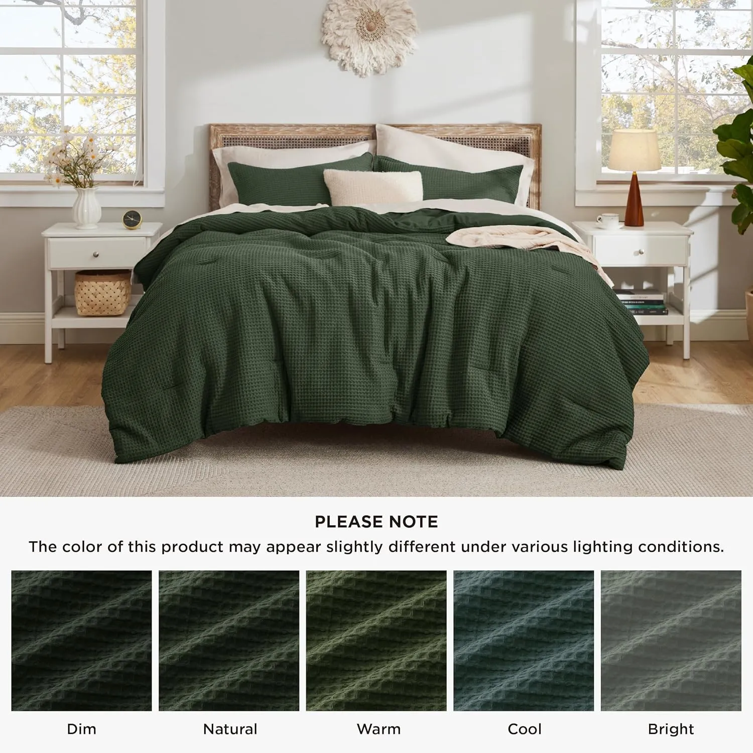 Bedsure Waffle Comforter Set Queen, Olive Green Soft Cotton Bedding, Waffle Weave Bed Set, 3 Pieces, 1 Comforter (90"x90") and 2 Pillow Shams, Premium Cotton Cover with Polyester Fill for All Seasons