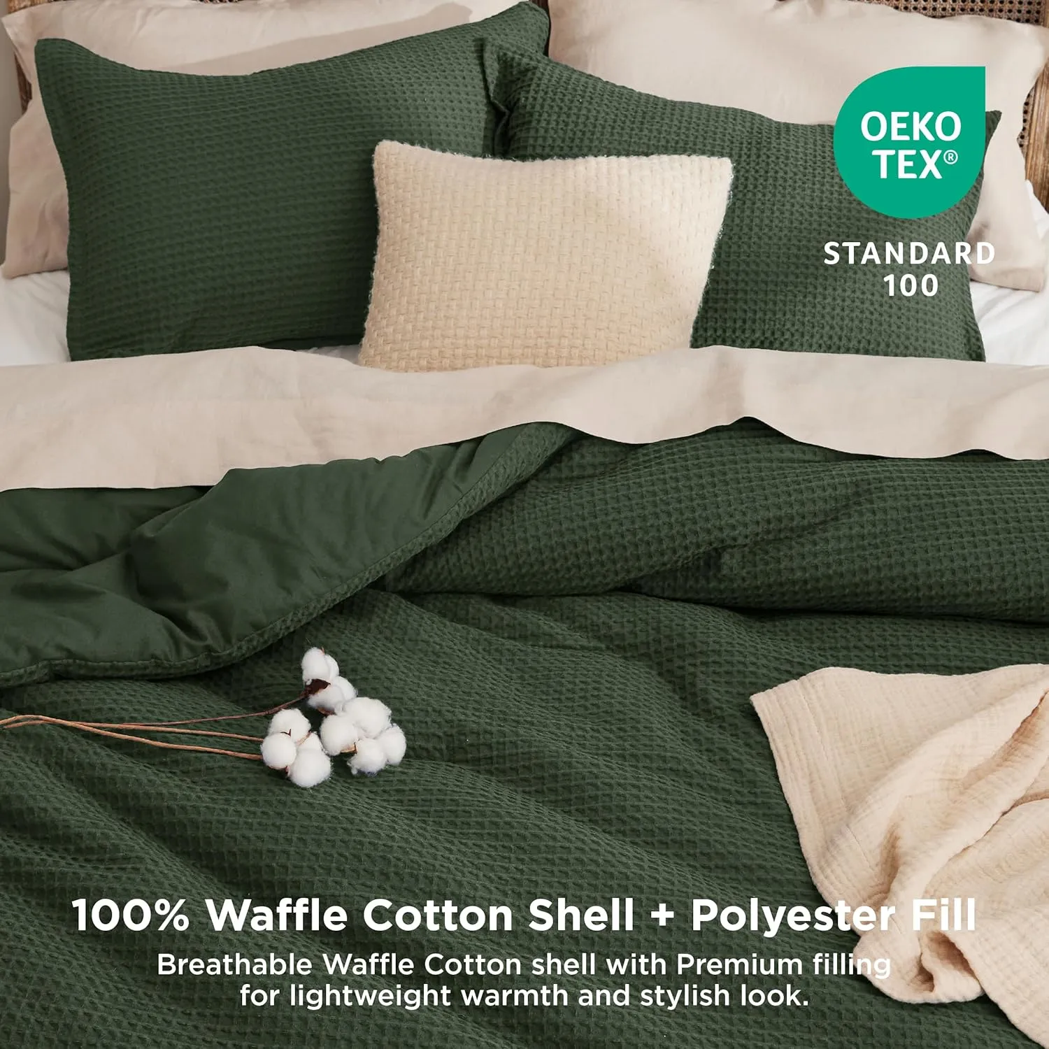 Bedsure Waffle Comforter Set Queen, Olive Green Soft Cotton Bedding, Waffle Weave Bed Set, 3 Pieces, 1 Comforter (90"x90") and 2 Pillow Shams, Premium Cotton Cover with Polyester Fill for All Seasons
