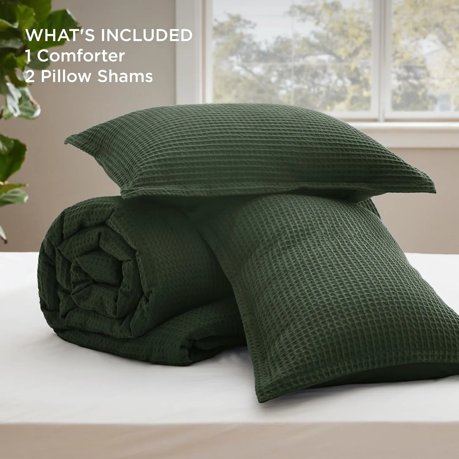 Bedsure Waffle Comforter Set Queen, Olive Green Soft Cotton Bedding, Waffle Weave Bed Set, 3 Pieces, 1 Comforter (90"x90") and 2 Pillow Shams, Premium Cotton Cover with Polyester Fill for All Seasons