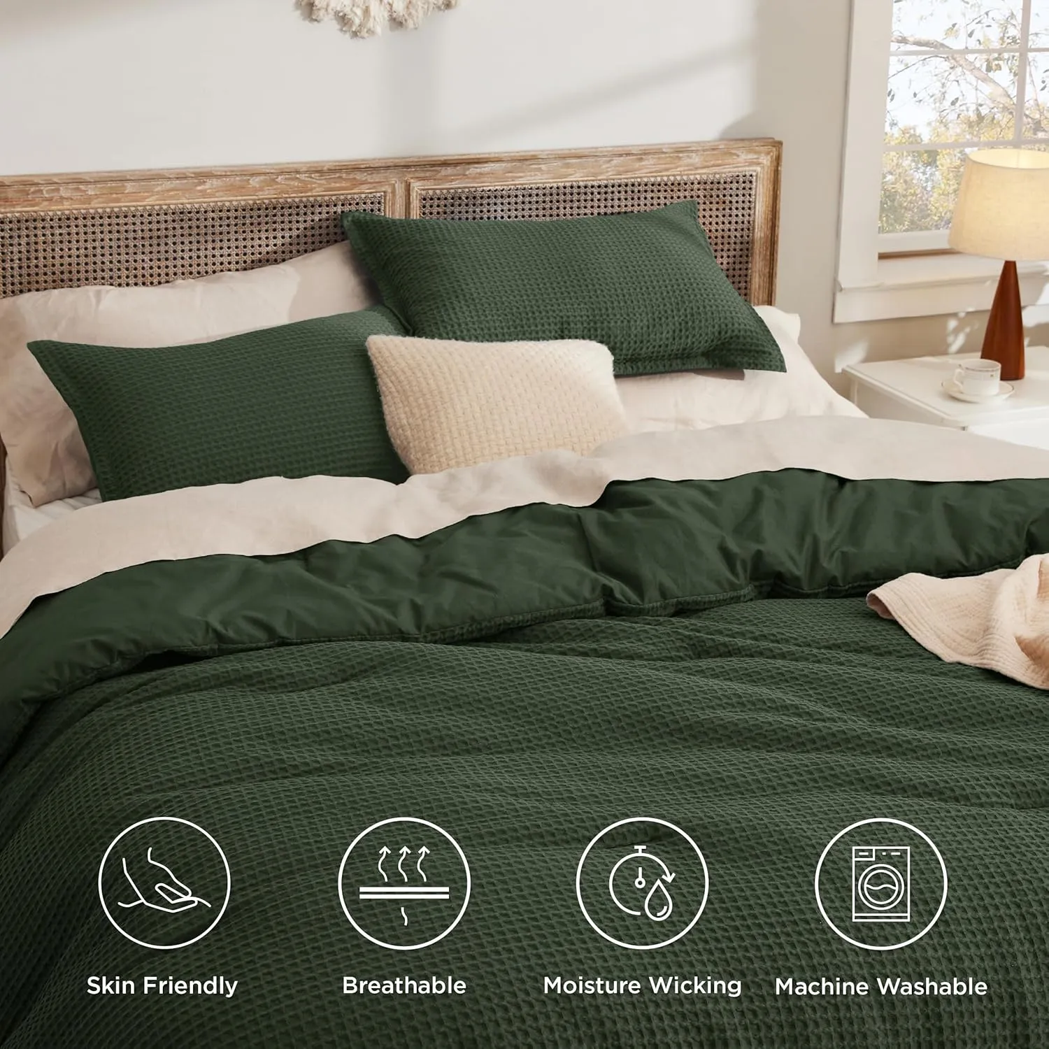Bedsure Waffle Comforter Set Queen, Olive Green Soft Cotton Bedding, Waffle Weave Bed Set, 3 Pieces, 1 Comforter (90"x90") and 2 Pillow Shams, Premium Cotton Cover with Polyester Fill for All Seasons