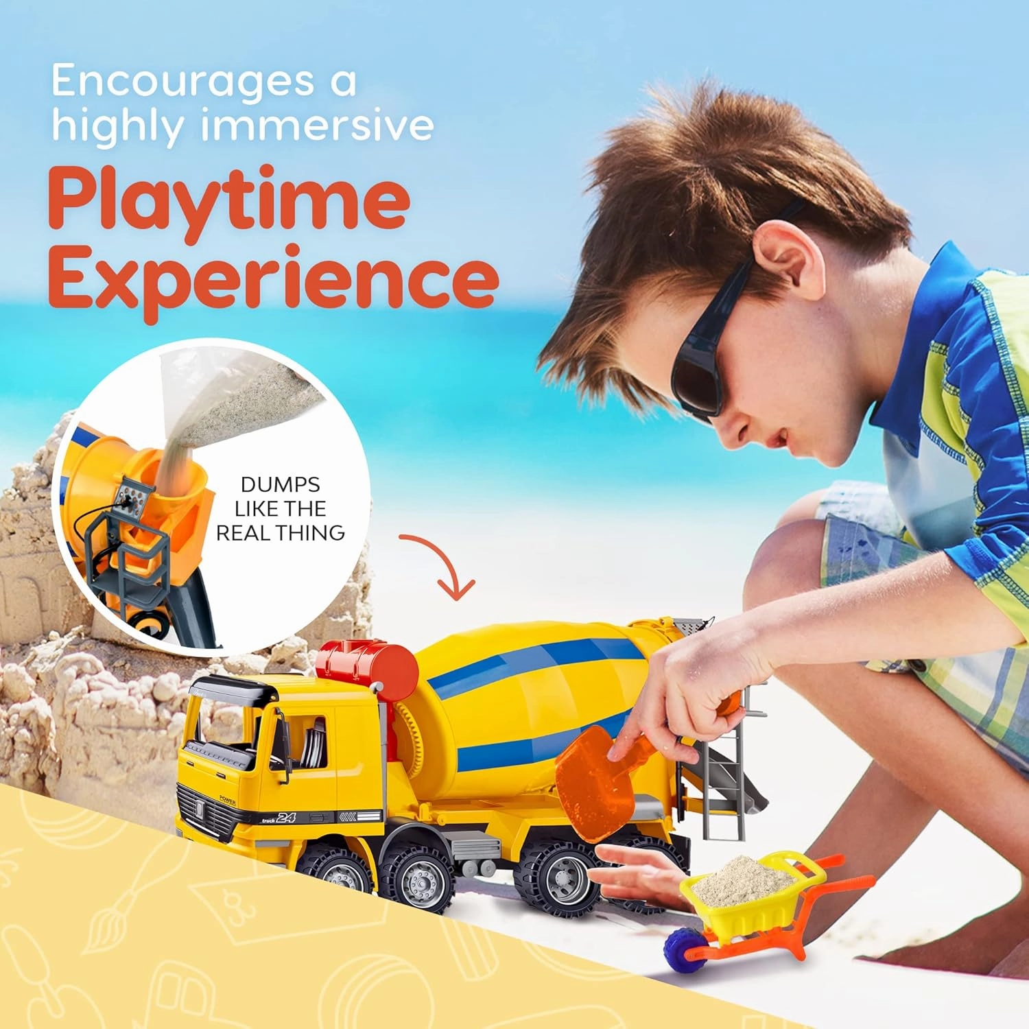 BEEMO Cement Mixer Toy Truck for Kids 15" Push and Go Sand Construction Vehicle for Toddlers Boys & Girls Realistic Play Mixer Birthday Party Gift