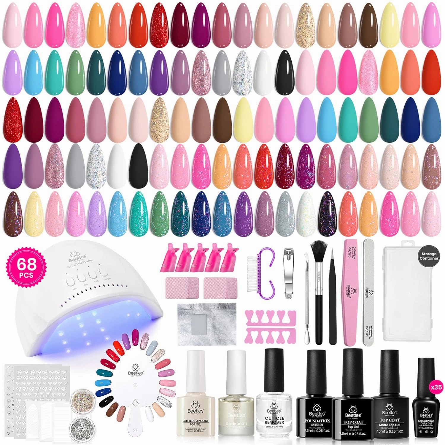 Beetles Gel Nail Polish Kit with U V Light - 68 Pcs Set 35 Colors Pink Glitter Nude Gray Gel Polish with Base Matte&Glossy Top Coat Vivid Seasons Gel Nail Set Nail Art Gift for Women & Girls