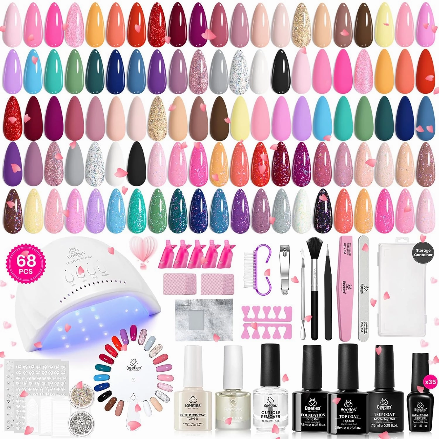 Beetles Gel Nail Polish Kit with U V Light - 68 Pcs Set 35 Colors Pink Glitter Nude Gray Gel Polish with Base Matte&Glossy Top Coat Vivid Seasons Gel Nail Set Nail Art Gift for Women & Girls