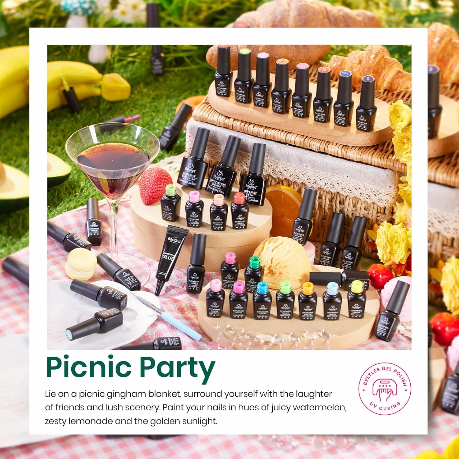 Beetles Gel Nail Polish Set-36 Colors Rainbow Nails Neon Juicy Picnic Party Collection & Rhinestone Gel Nail, 46Pcs Fruit Bubbles Nails Blue Green Pink Color with Top Base Coat Liner Brush