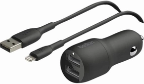 Belkin 24-Watt Dual USB Car Charger - 2 12W USB-A Ports with Lightning Cable - Fast Charging for Apple iPhone, Samsung Galaxy, AirPods, & More - USB-C Charger
