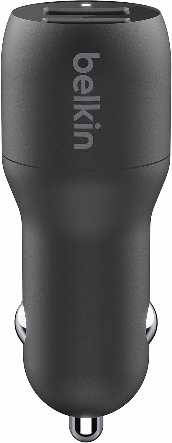 Belkin 24-Watt Dual USB Car Charger - 2 12W USB-A Ports with Lightning Cable - Fast Charging for Apple iPhone, Samsung Galaxy, AirPods, & More - USB-C Charger
