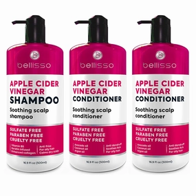 BELLISSO Apple Cider Vinegar Shampoo and Conditioner Set with Natural Ingredients, Sulfate Free, Paraben Free, Ideal for Oily Hair, Soothing and Nourishing, 8 Ounces each
