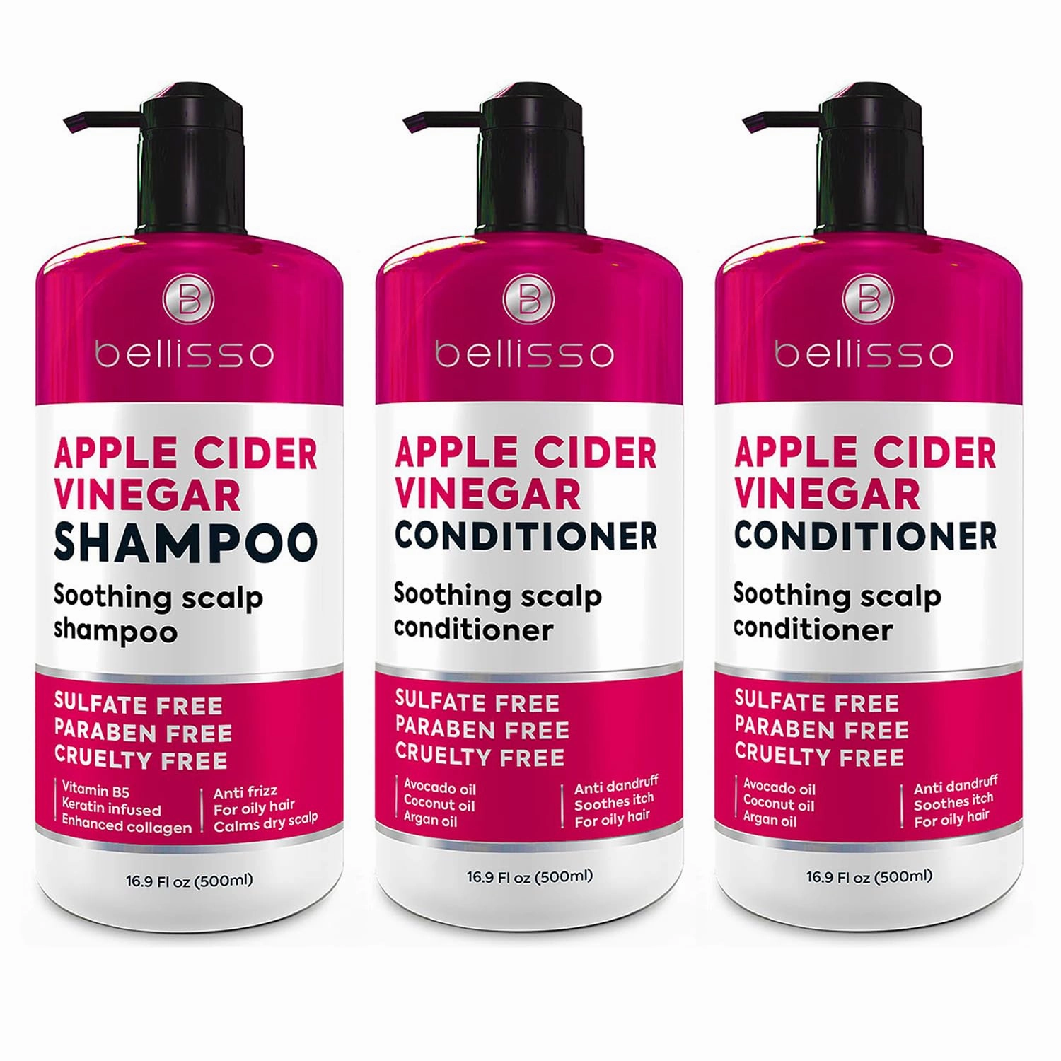 BELLISSO Apple Cider Vinegar Shampoo and Conditioner Set with Natural Ingredients, Sulfate Free, Paraben Free, Ideal for Oily Hair, Soothing and Nourishing, 8 Ounces each