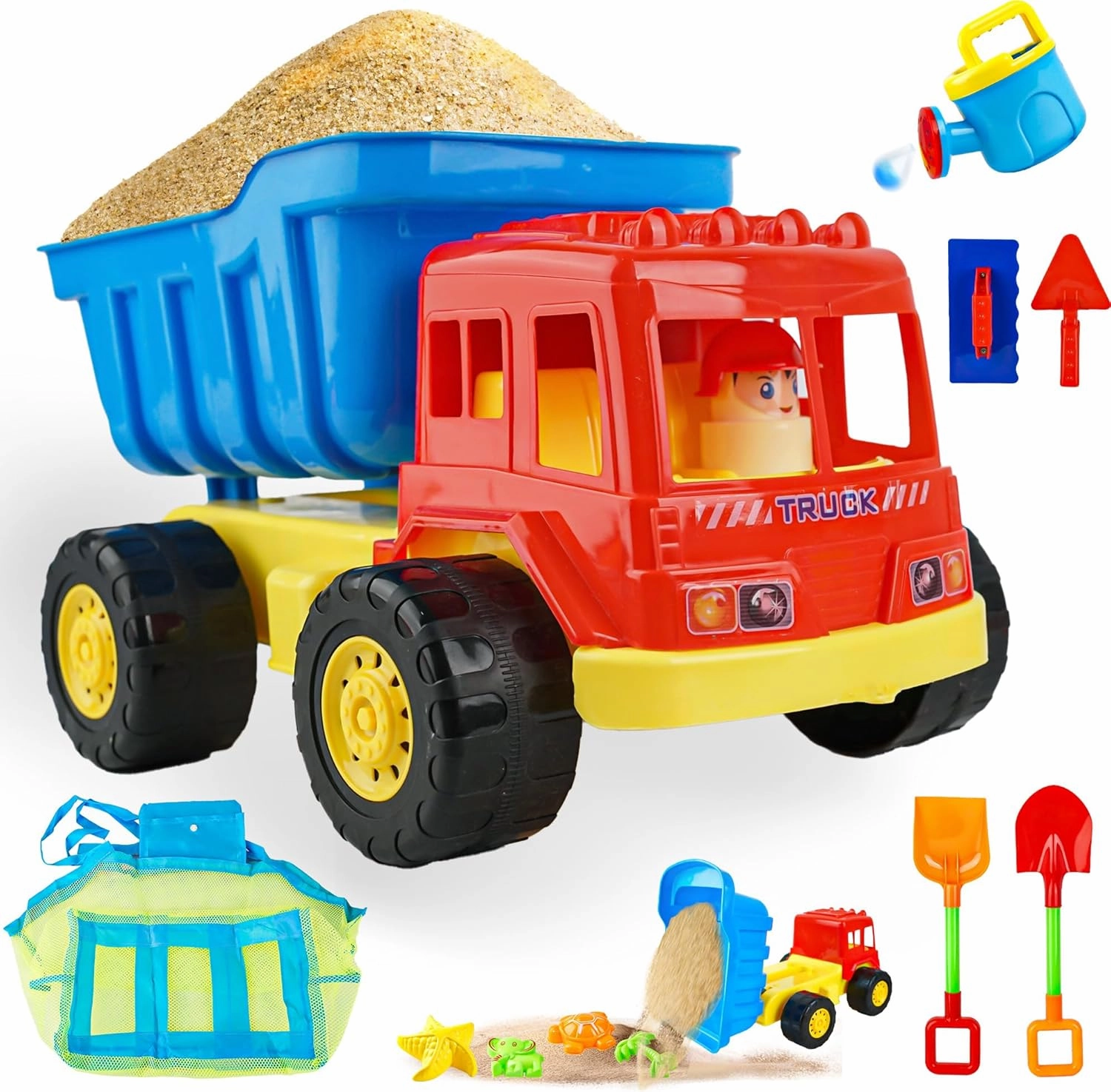BELLOCHIDDO Beach Toys - Sandbox Toys, Toddler's Dump Construction Truck Includes Shovel, Watering Can, 4 Sand Molds for Kids & Toddlers, Sand Buckets Shovels for Kids, Beach Toy Set