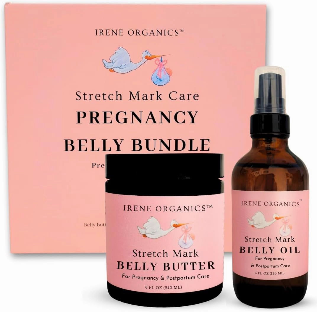 Belly Bundle by Irene Organics - Organic Belly Butter and Oil for Pregnancy Stretch Mark Prevention and Treatment - Award Winning Skincare For Pregnancy and Postpartum - Mother's Day Gift Set (Large)