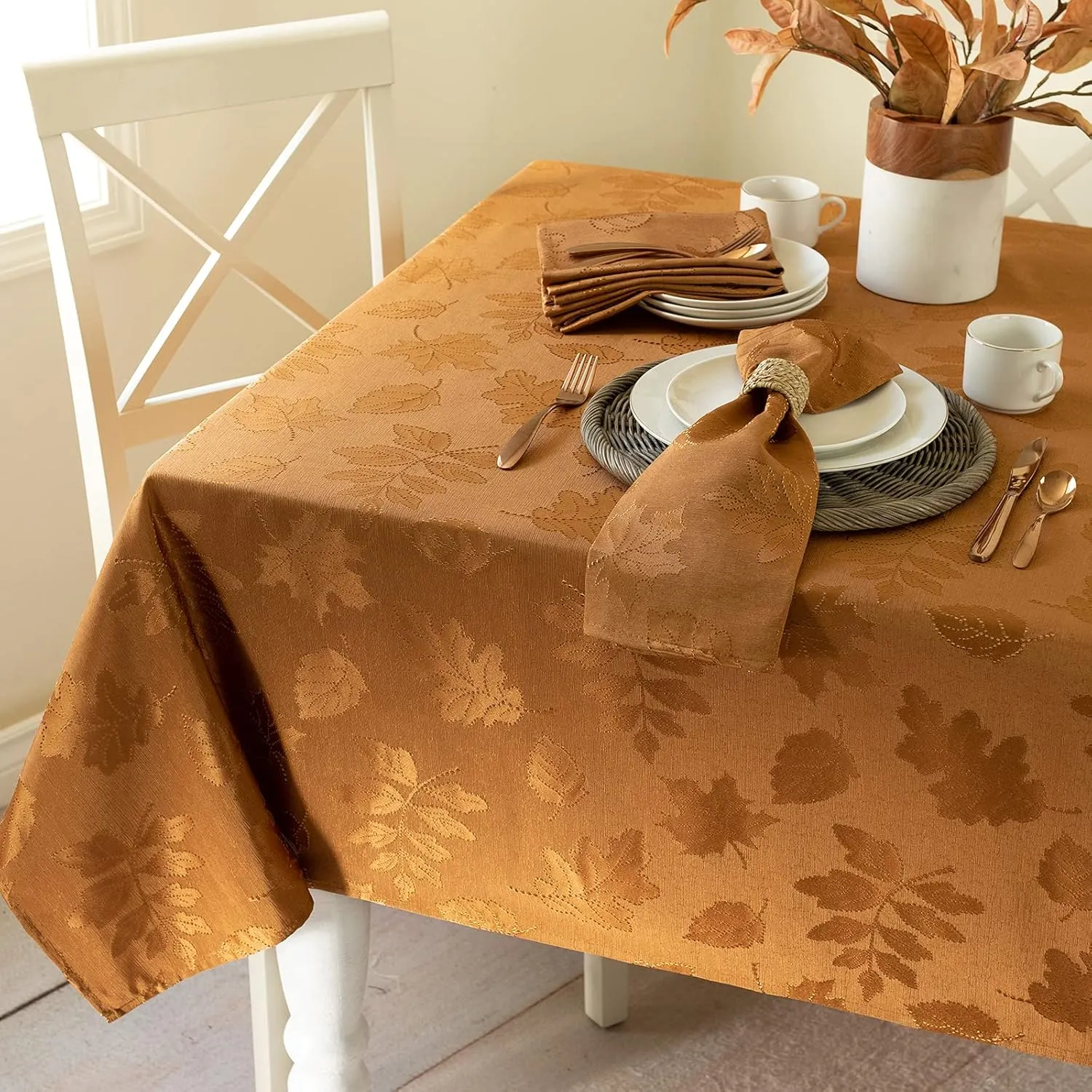 Benson Mills Harvest Legacy Damask Fabric Table Cloth Fall, Harvest, and Thanksgiving Tablecloth (Amber-Bronze, 60" x 120" Rectangular)