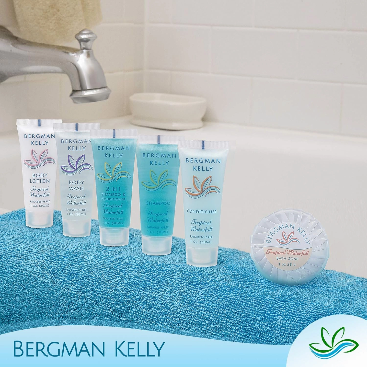 BERGMAN KELLY Travel Size Body Wash (1 fl oz, 200 PK, Tropical Waterfall), Delight Your Guests with an Invigorating and Refreshing Hotel Body Wash, Mini and Small Size Guest Hotel Toiletries in Bulk