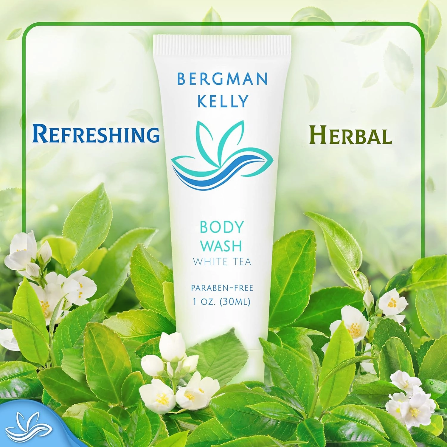 BERGMAN KELLY Travel Size Body Wash (1 fl oz, 50 PK, White Tea), Delight Your Guests with a Revitalizing and Refreshing Hotel Body Wash, Quality Mini and Small Size Guest Hotel Toiletries in Bulk