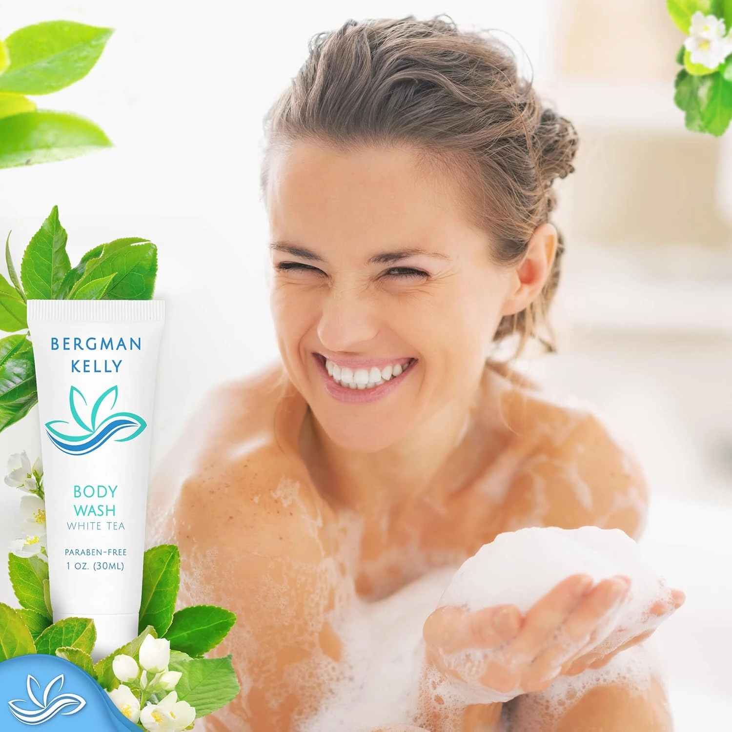 BERGMAN KELLY Travel Size Body Wash (1 fl oz, 50 PK, White Tea), Delight Your Guests with a Revitalizing and Refreshing Hotel Body Wash, Quality Mini and Small Size Guest Hotel Toiletries in Bulk