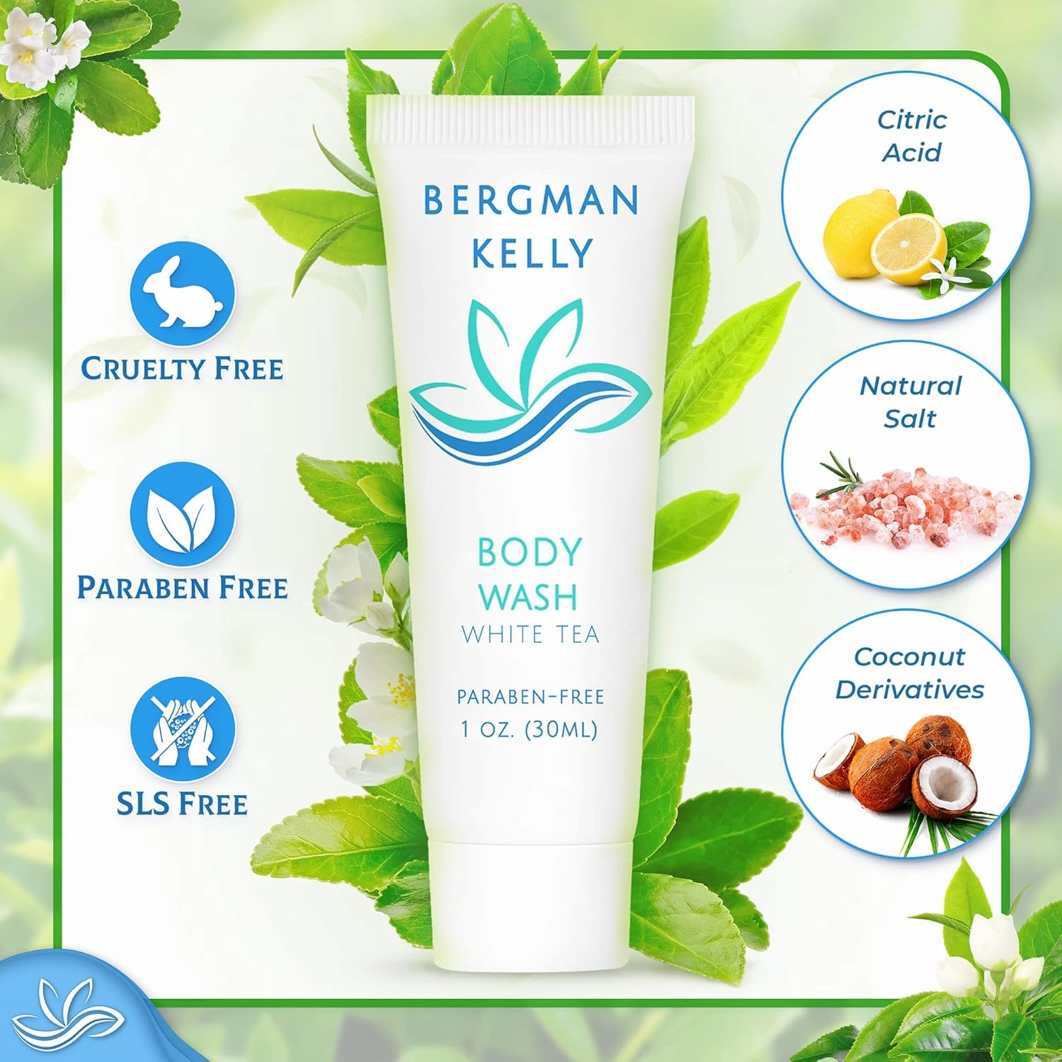BERGMAN KELLY Travel Size Body Wash (1 fl oz, 50 PK, White Tea), Delight Your Guests with a Revitalizing and Refreshing Hotel Body Wash, Quality Mini and Small Size Guest Hotel Toiletries in Bulk
