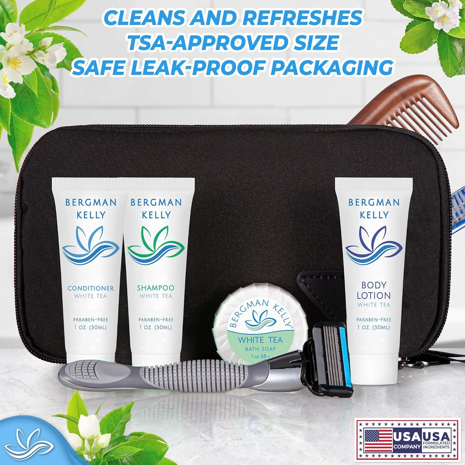 BERGMAN KELLY Travel Size Body Wash (1 fl oz, 50 PK, White Tea), Delight Your Guests with a Revitalizing and Refreshing Hotel Body Wash, Quality Mini and Small Size Guest Hotel Toiletries in Bulk