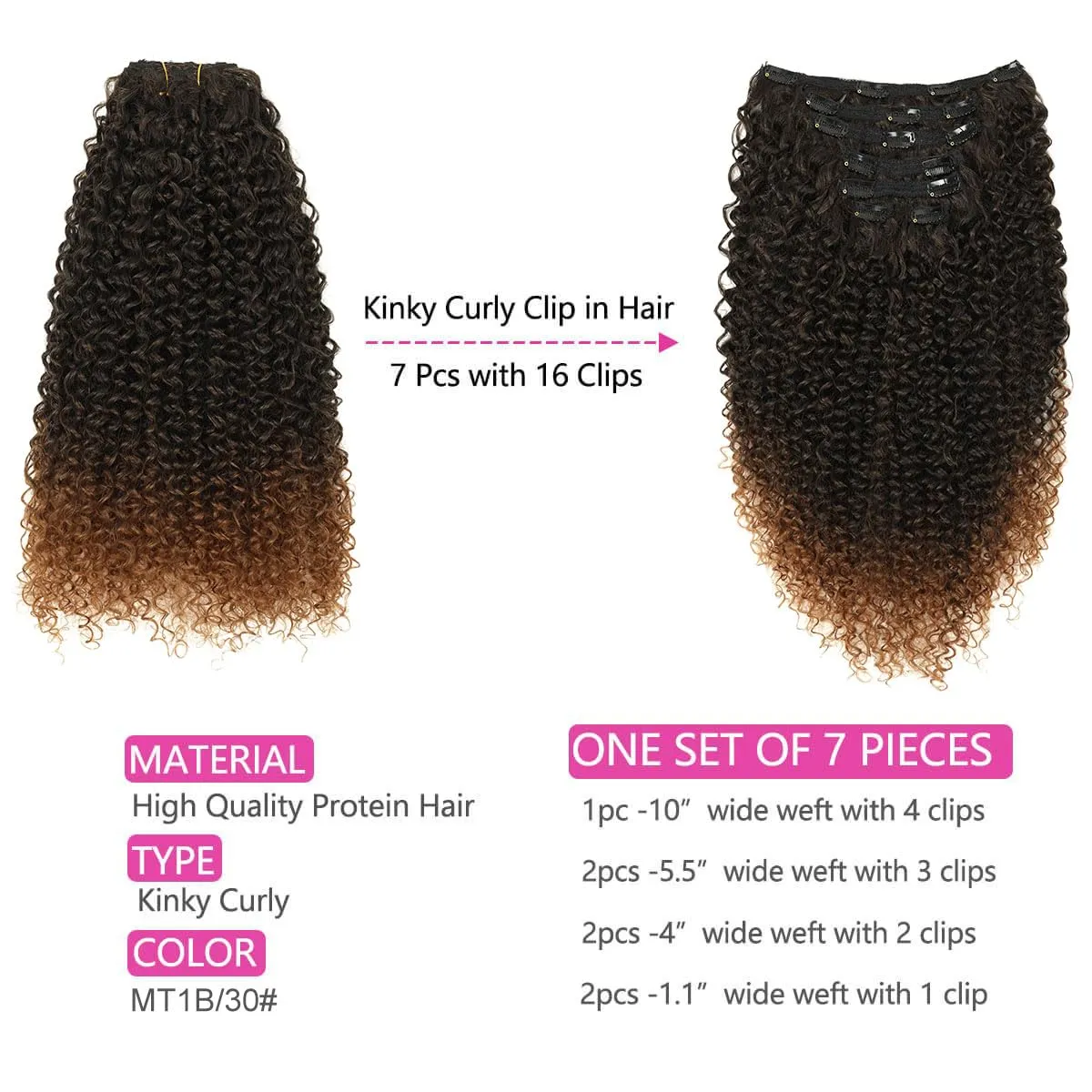 BHF 26 inch Kinky Curly Clip In Hair Extension, Double Weft Full Head Japanese Heat Resistance Fiber 140g Synthetic Hair Extensions For Women 7pieces (#MT1B/30)