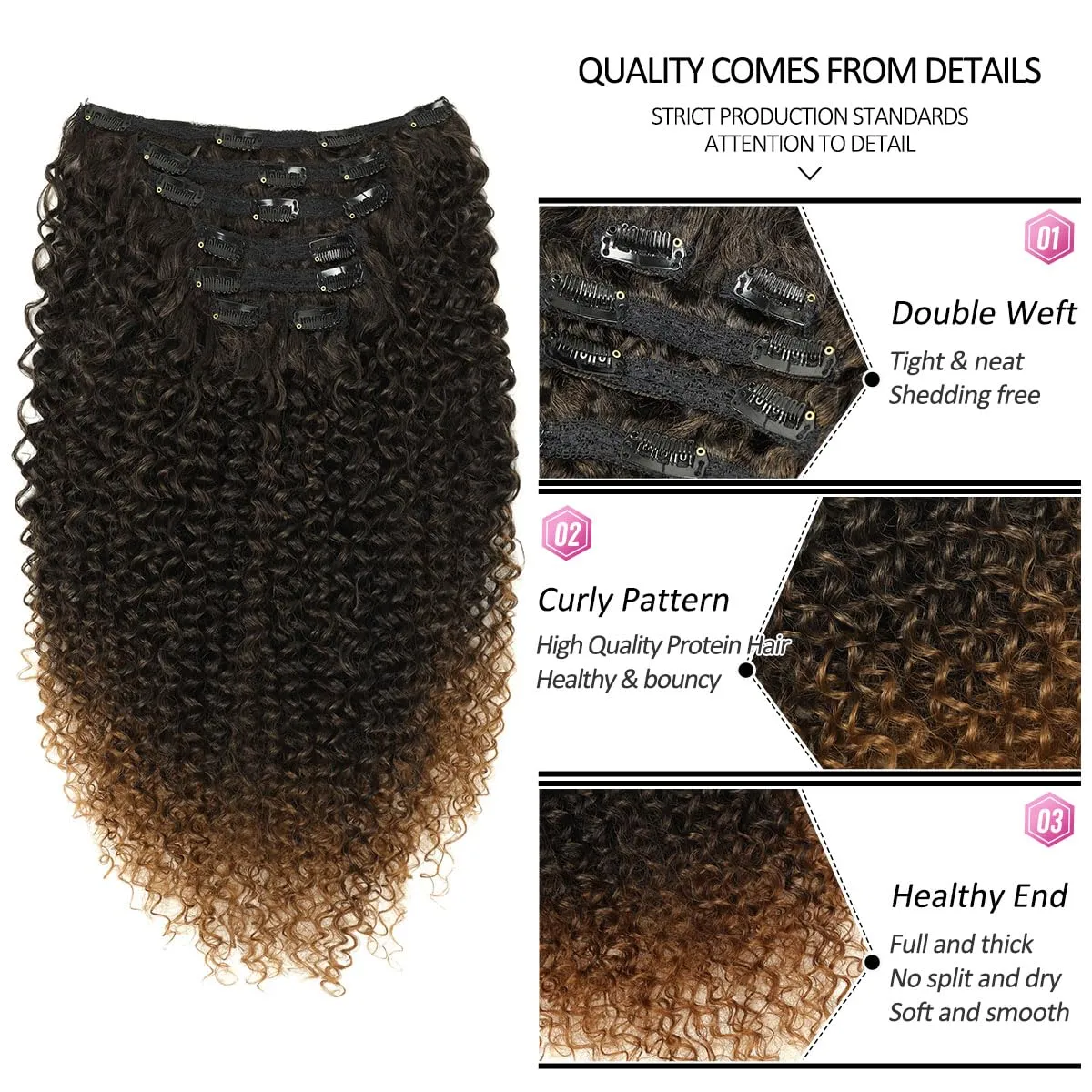 BHF 26 inch Kinky Curly Clip In Hair Extension, Double Weft Full Head Japanese Heat Resistance Fiber 140g Synthetic Hair Extensions For Women 7pieces (#MT1B/30)