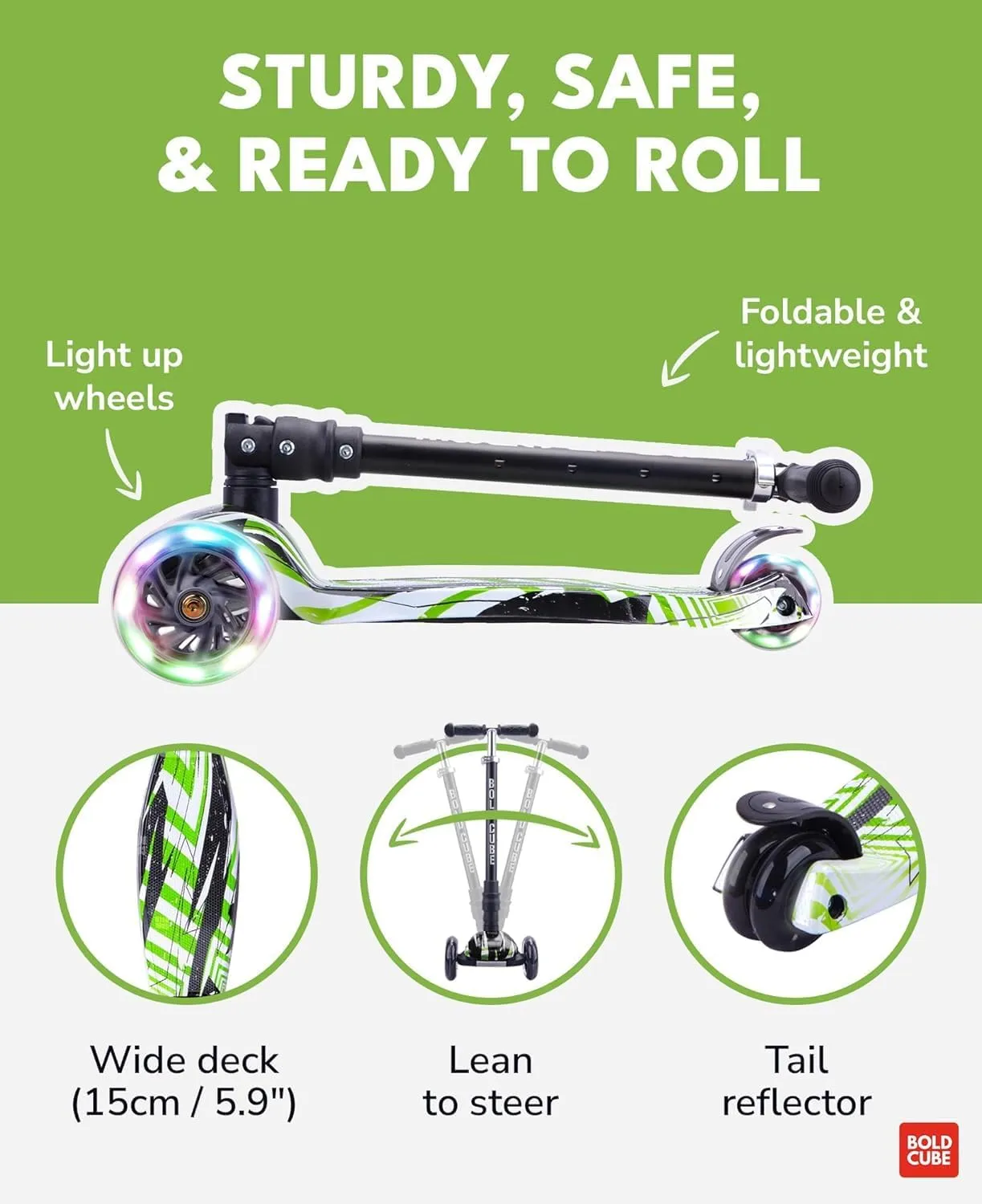 Big Fold | Three Wheel Scooter for Children Ages 5-10 Years | LED Wheels with Flashing Lights | Height Adjustable 65 to 89 cm | Rear Reflectors