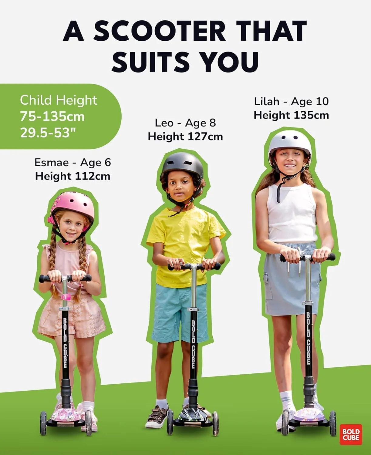 Big Fold | Three Wheel Scooter for Children Ages 5-10 Years | LED Wheels with Flashing Lights | Height Adjustable 65 to 89 cm | Rear Reflectors