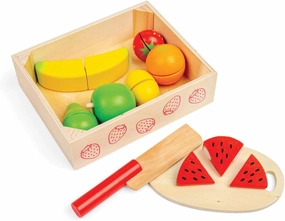 Bigjigs Toys Cutting Fruits Crate - 7 Piece Fruit with Velcro Fastenings, 1 Wooden Knife, 1 Chopping Board, Children’s Kitchen Accessories for Role Play, Baby & Toddler Gifts, 18 Months  
