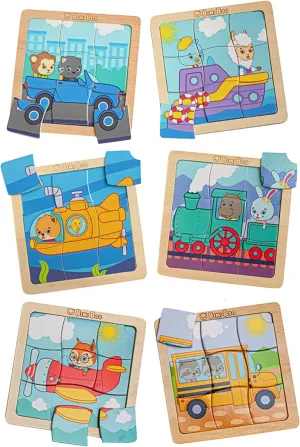 Bimi Boo 6-Sets of Wooden Vehicles Puzzles for Toddlers Ages 1-3 - Preschooler Montessori 9-Pieces Transport Jigsaw Puzzle Sets - STEM Learning Toy for Babies (9 Pcs Per Set)
