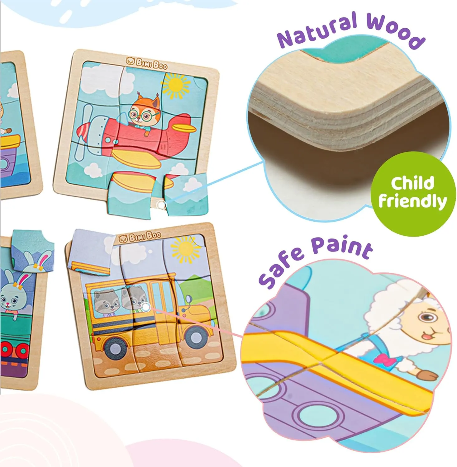 Bimi Boo 6-Sets of Wooden Vehicles Puzzles for Toddlers Ages 1-3 - Preschooler Montessori 9-Pieces Transport Jigsaw Puzzle Sets - STEM Learning Toy for Babies (9 Pcs Per Set)