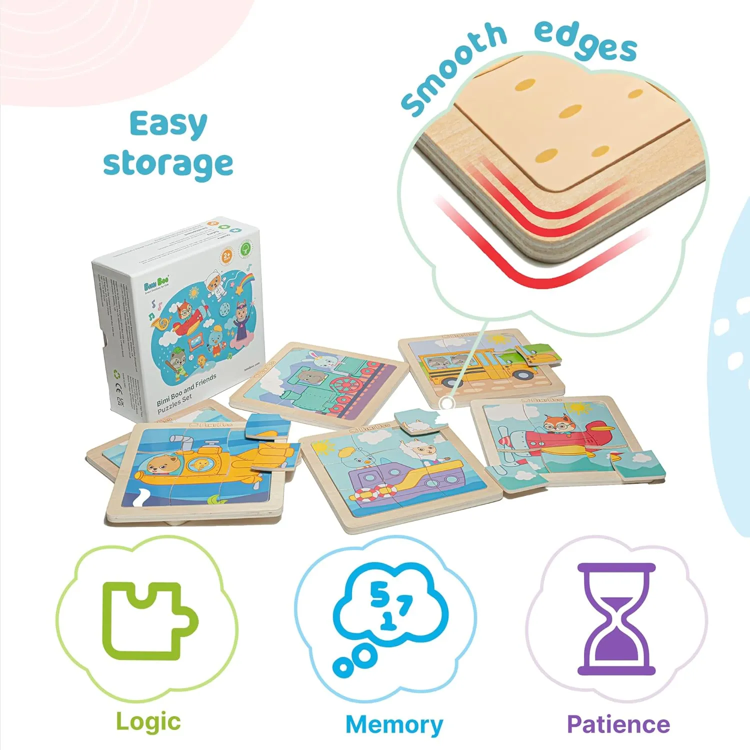 Bimi Boo 6-Sets of Wooden Vehicles Puzzles for Toddlers Ages 1-3 - Preschooler Montessori 9-Pieces Transport Jigsaw Puzzle Sets - STEM Learning Toy for Babies (9 Pcs Per Set)