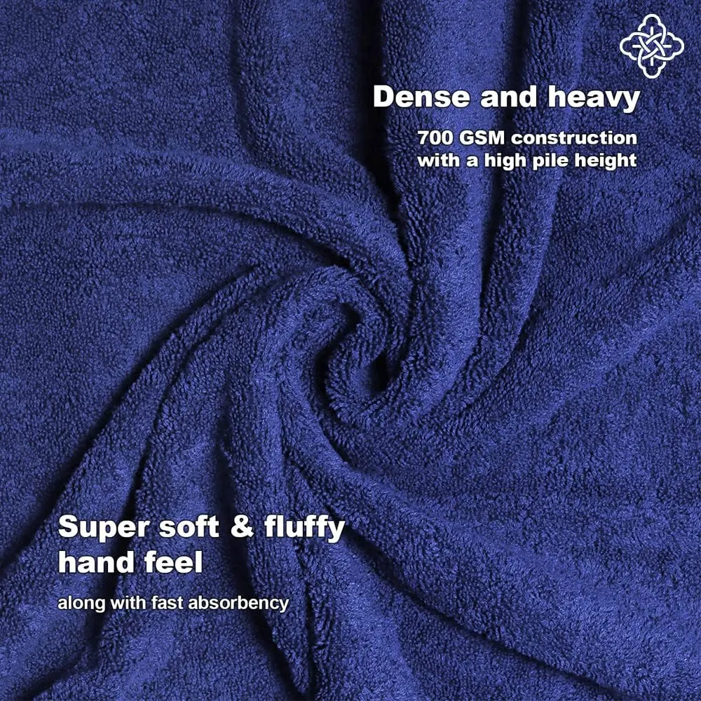 BIOWEAVES 100% Organic Cotton 6-Piece Luxury Bathroom Towels Set GOTS Certified 700 GSM, 2 Bath Towels, 2 Hand Towels & 2 Wash Cloths - Navy Blue
