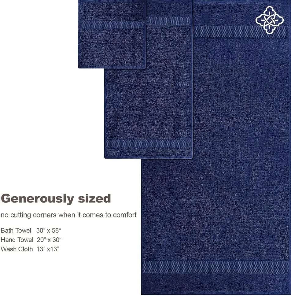 BIOWEAVES 100% Organic Cotton 6-Piece Luxury Bathroom Towels Set GOTS Certified 700 GSM, 2 Bath Towels, 2 Hand Towels & 2 Wash Cloths - Navy Blue