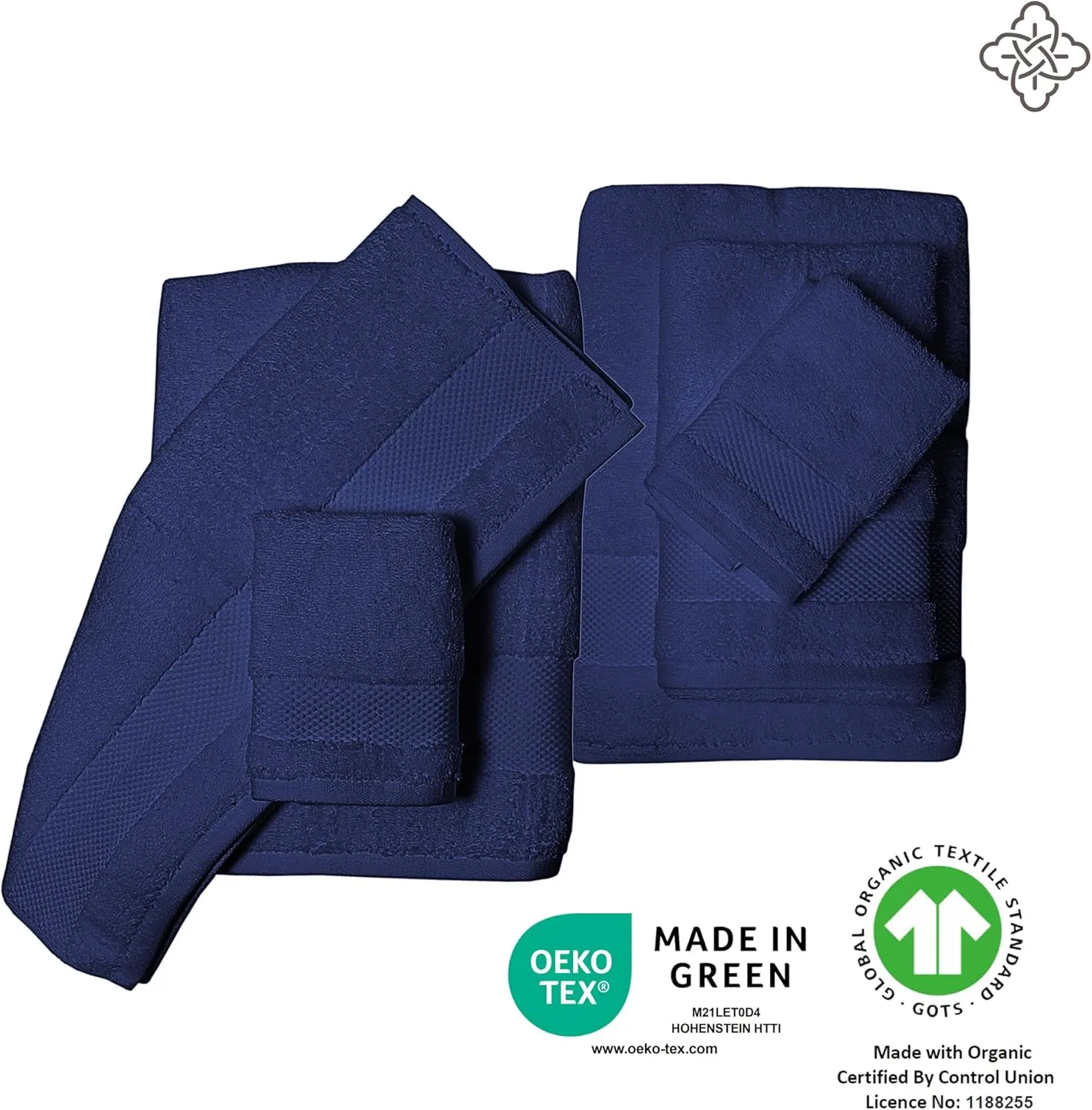 BIOWEAVES 100% Organic Cotton 6-Piece Luxury Bathroom Towels Set GOTS Certified 700 GSM, 2 Bath Towels, 2 Hand Towels & 2 Wash Cloths - Navy Blue