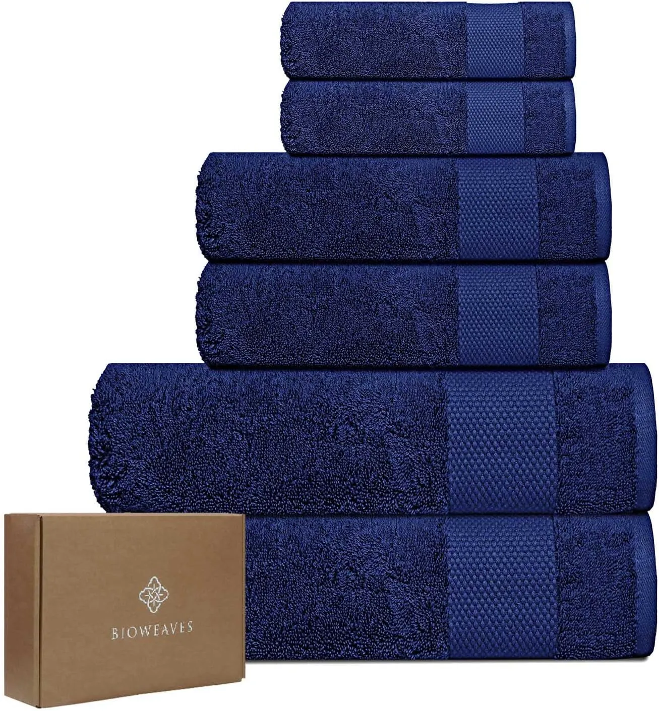 BIOWEAVES 100% Organic Cotton 6-Piece Luxury Bathroom Towels Set GOTS Certified 700 GSM, 2 Bath Towels, 2 Hand Towels & 2 Wash Cloths - Navy Blue