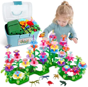 Birthday Toys Gifts for 2 3 4 5 6 Years Old Toddler Girls Boys, 156 PCS Insect Flower Garden Building Educational STEM Learning Pretend Play Gardening Set, Gifts for Preschool Kids Age 2 