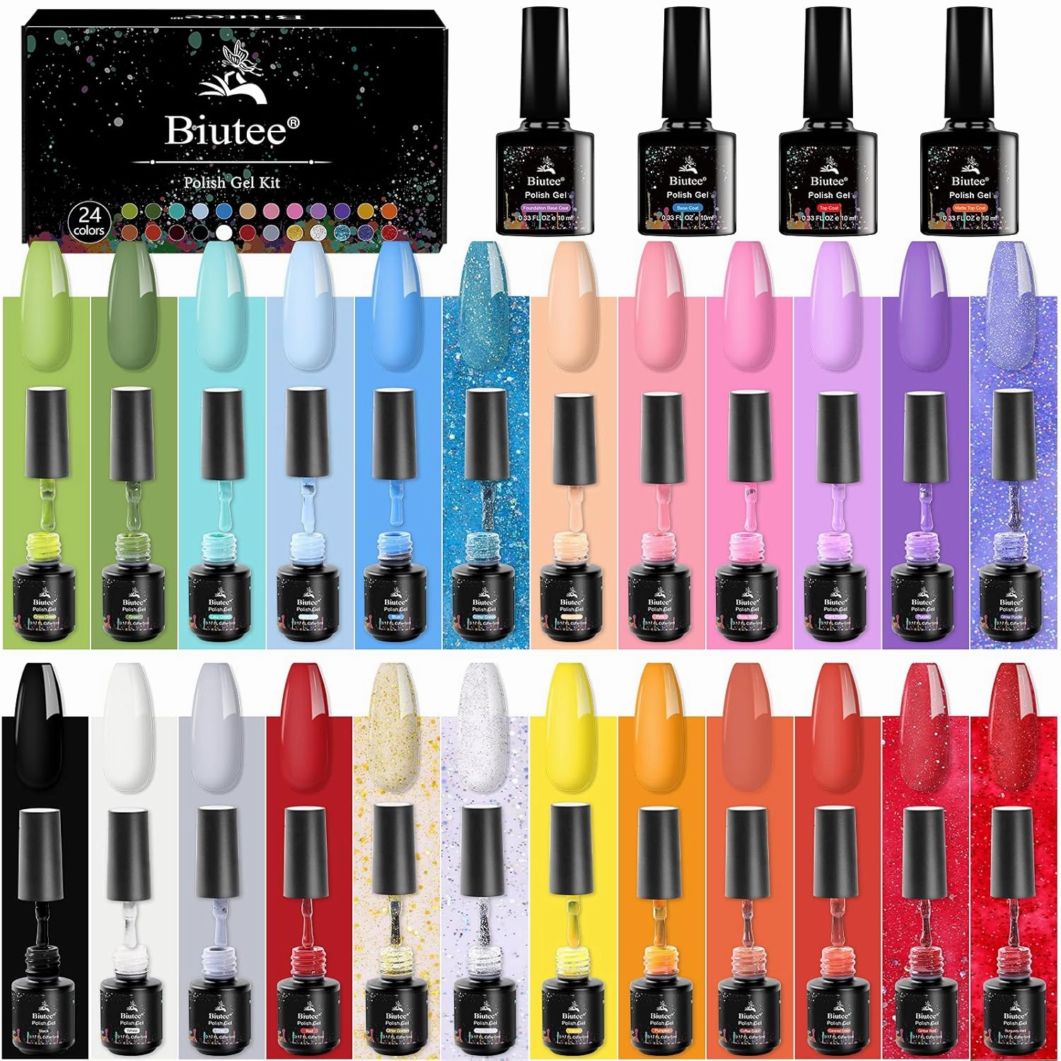 Biutee Color Nail Polish Gel 28PCS Gel Nail Polish Kit 24 Colors 5Ml Gel Nail Polish With Base Coat Top Coat Matt Top Coat Foundation Base Coat Soak Off UV LED Gel