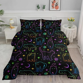 Black Cat Bedding Cartoon Cat Comforter Set Twin,Moon Stars Printed Kids Bedding Set for Boys Girls Adults Room Decor,Kids Comforter Set All Season,1 Quilt 2 Pillow Cases,Neon Color Blue Green
