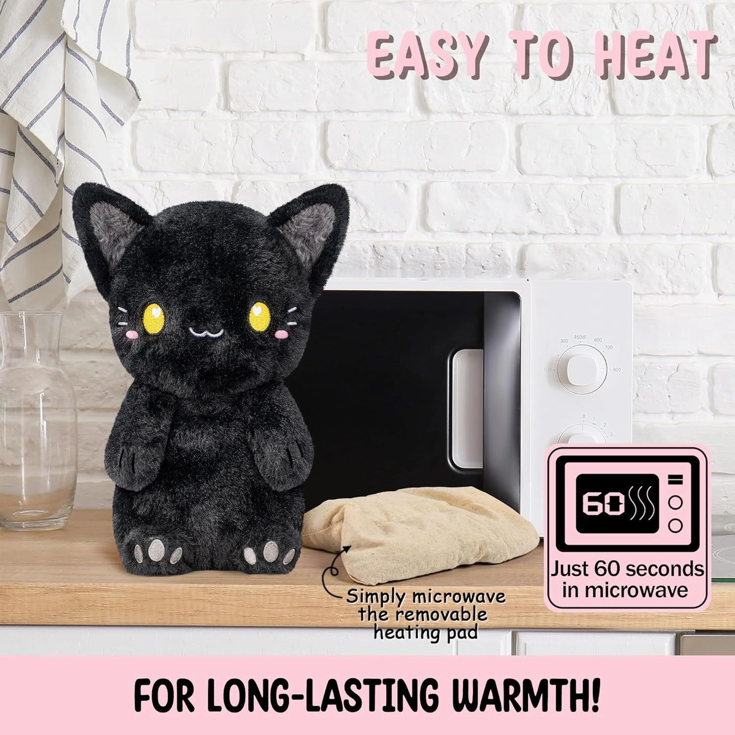Black Cat Microwavable 1.5 lbs Unscented Heating Pad for Women and Kids- Cute Soft Cozy Pillow Plush Heatable Warm Stuffed Animals - Kawaii Hot and Cold Plushie - Black Cat Gifts for Girls and Women