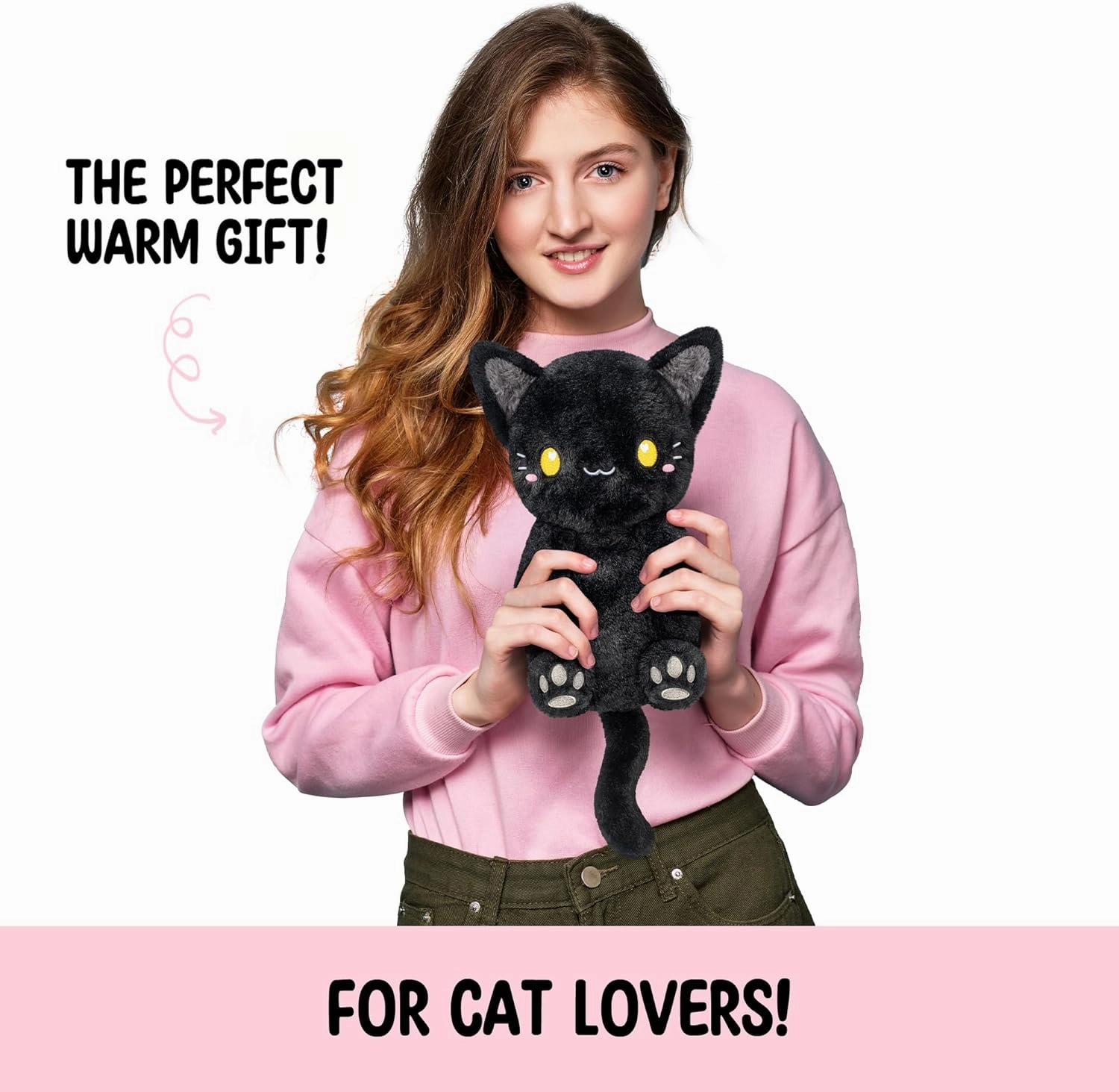 Black Cat Microwavable 1.5 lbs Unscented Heating Pad for Women and Kids- Cute Soft Cozy Pillow Plush Heatable Warm Stuffed Animals - Kawaii Hot and Cold Plushie - Black Cat Gifts for Girls and Women