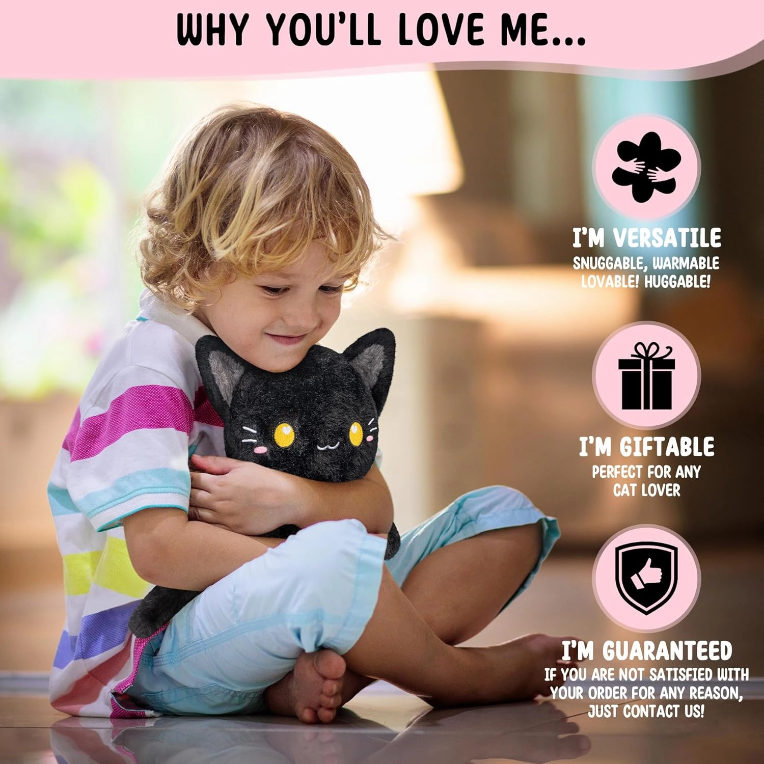 Black Cat Microwavable 1.5 lbs Unscented Heating Pad for Women and Kids- Cute Soft Cozy Pillow Plush Heatable Warm Stuffed Animals - Kawaii Hot and Cold Plushie - Black Cat Gifts for Girls and Women