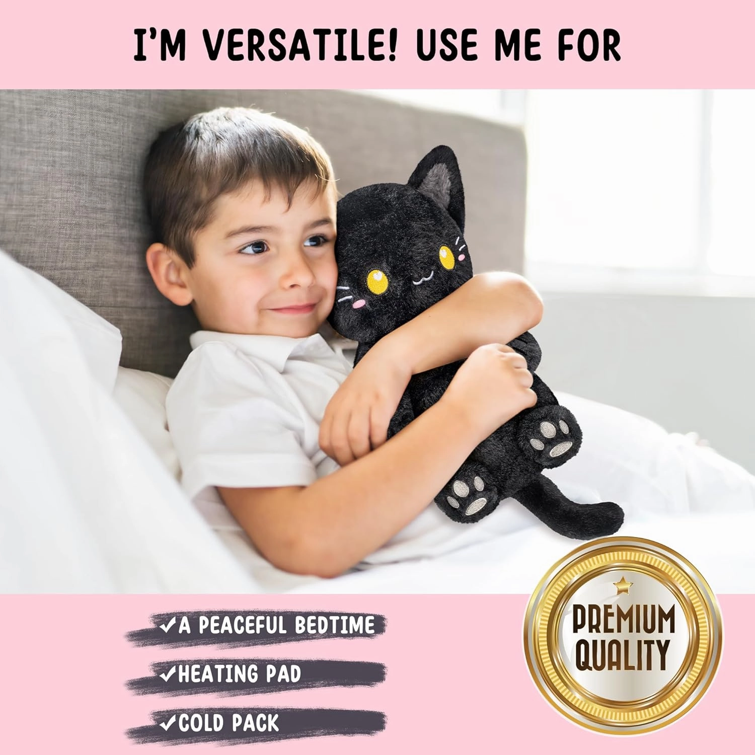 Black Cat Microwavable 1.5 lbs Unscented Heating Pad for Women and Kids- Cute Soft Cozy Pillow Plush Heatable Warm Stuffed Animals - Kawaii Hot and Cold Plushie - Black Cat Gifts for Girls and Women