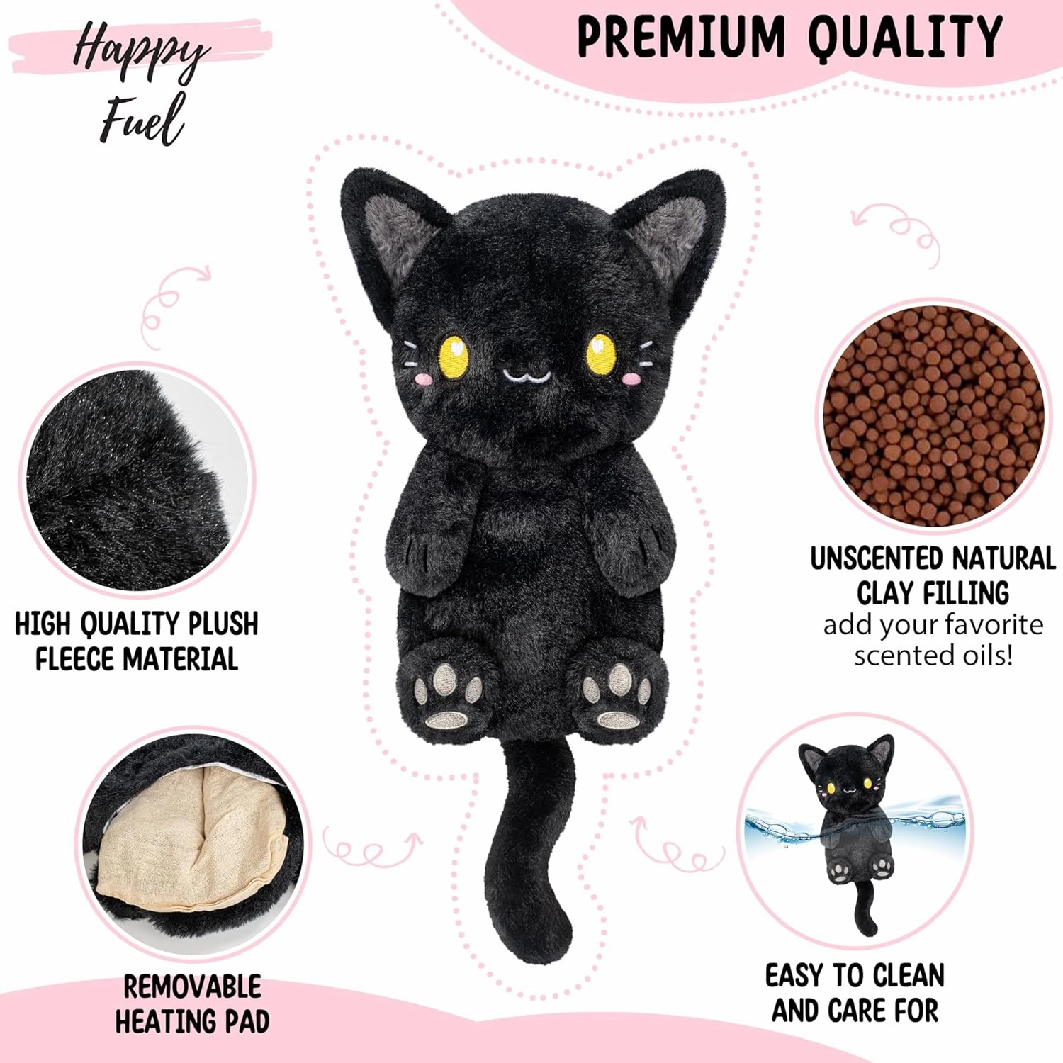 Black Cat Microwavable 1.5 lbs Unscented Heating Pad for Women and Kids- Cute Soft Cozy Pillow Plush Heatable Warm Stuffed Animals - Kawaii Hot and Cold Plushie - Black Cat Gifts for Girls and Women
