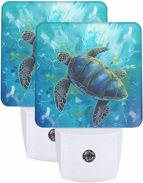 Blue Sea Turtle Ocean Set of 2 Led Night Lights, Night Light Auto Dusk-to-Dawn Sensor Night Lamp Home Decorative for Adult